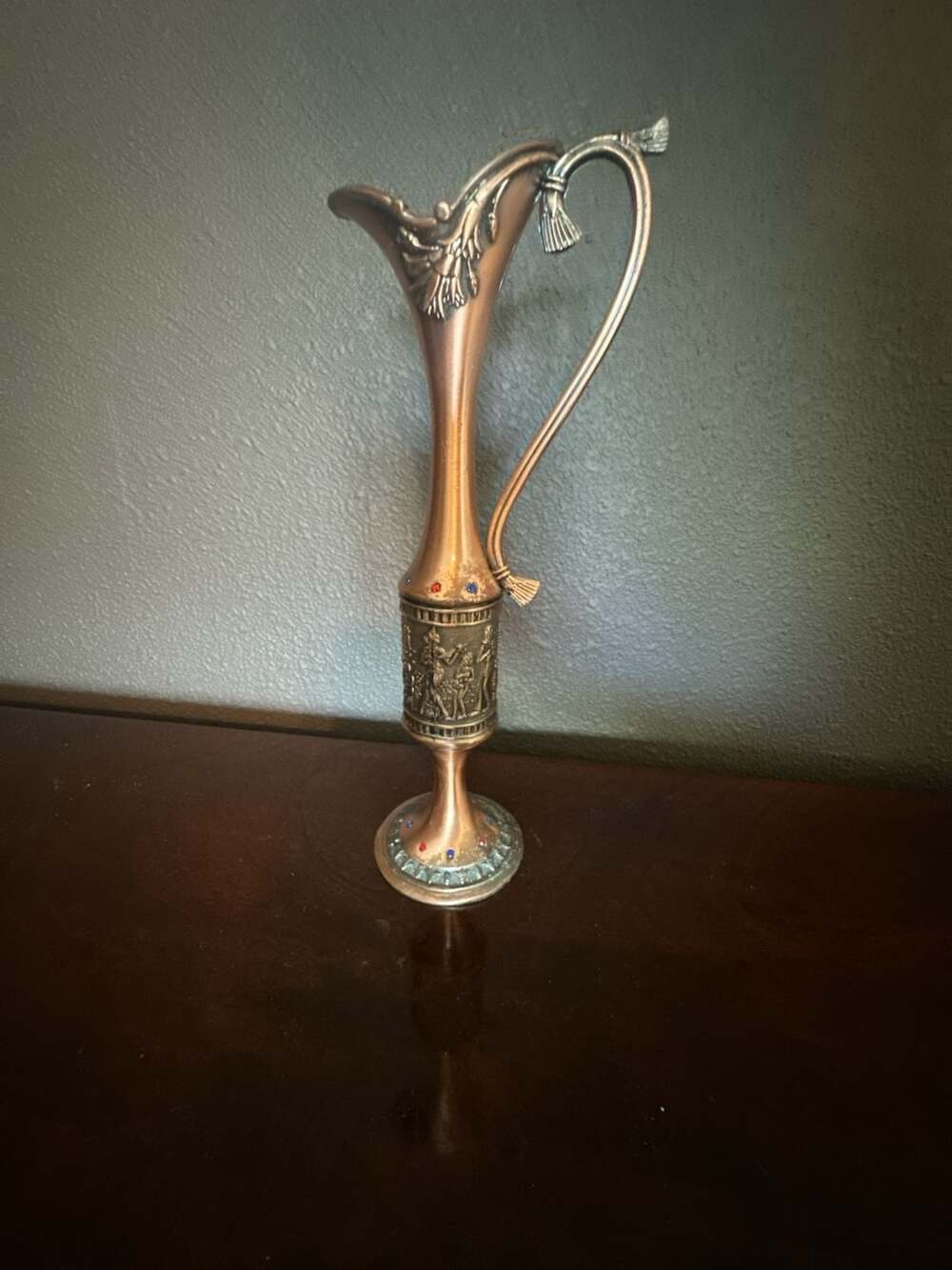 Vintage Egyptian Style Copper and Brass Pharaonic Ewer Vase with Faux Jewels